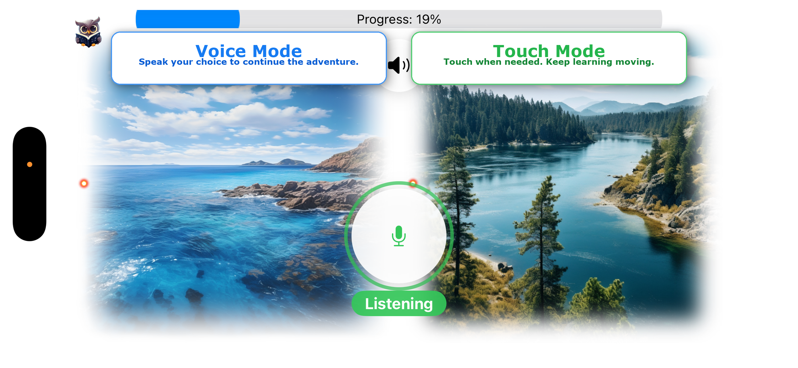 English Quest app preview showing voice and touch learning modes