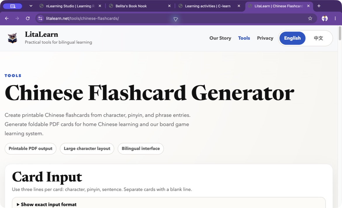 Chinese Flashcard Generator with character, pinyin, and sentence controls